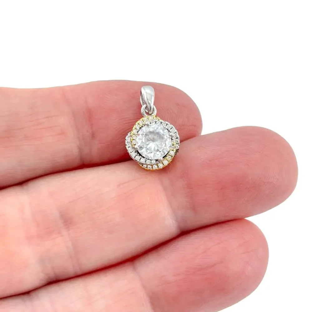 Vintage Sterling Silver 925 Gold Accent Cubic Zirconia Halo Pendant